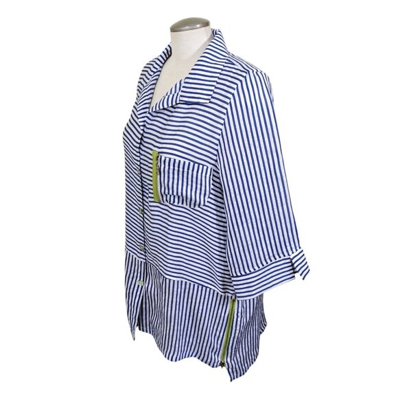 IC Connie K Button Up Shirt Blouse Womens L White Blue Striped Zippers Flax - Picture 4 of 11